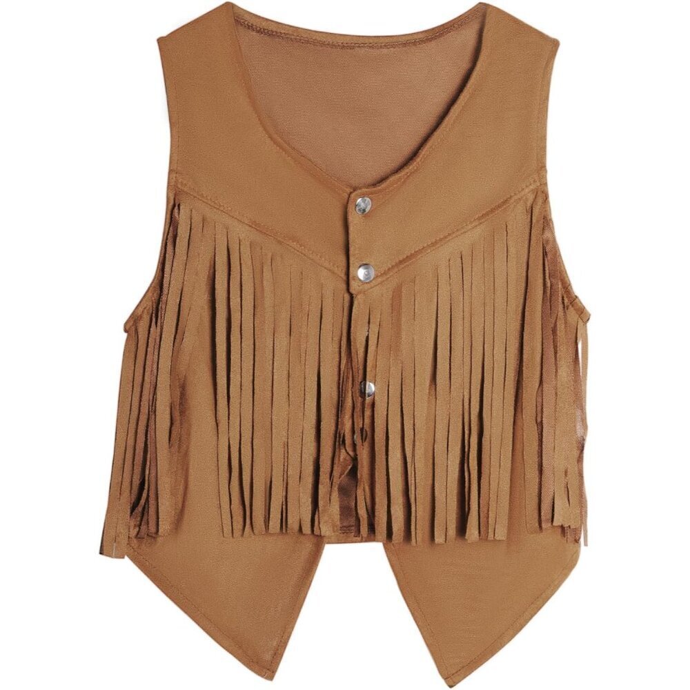 Women Tassel Vest Hippie Fringe Faux Suede Rhinestones Cowgirl Outfits